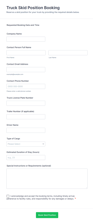 Truck Skid Position Booking Form Template