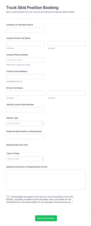 Truck Skid Position Booking Form Template