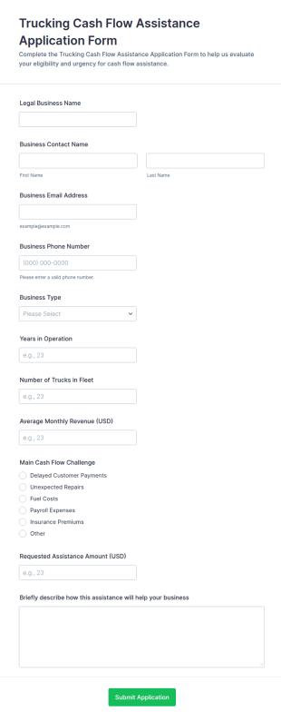 Trucking Cash Flow Assistance Application Form Template