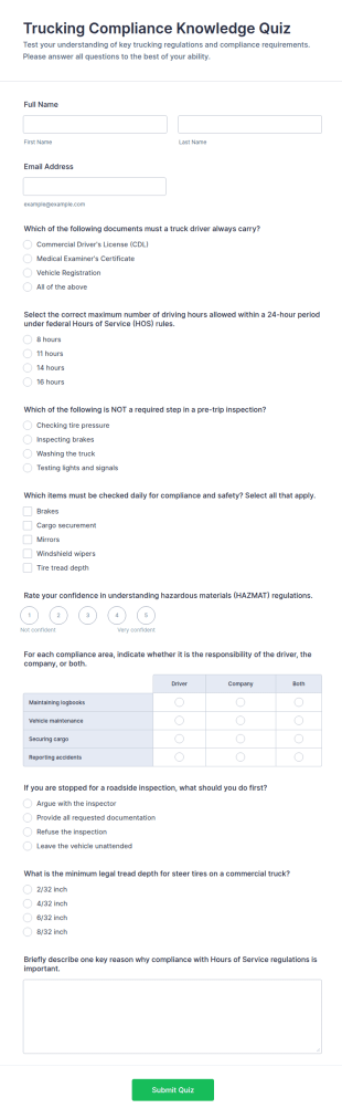 Trucking Compliance Knowledge Quiz Form Template
