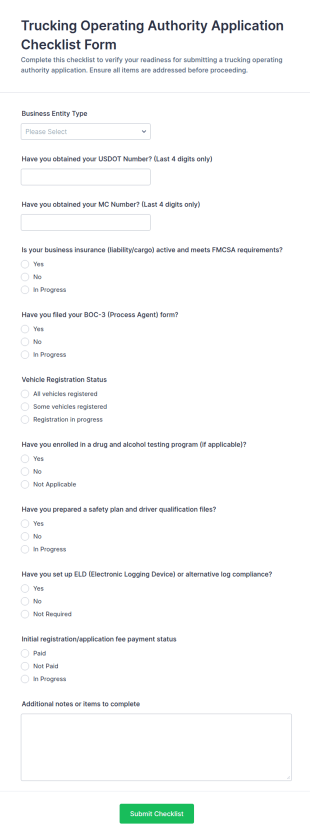 Trucking Operating Authority Application Form Template