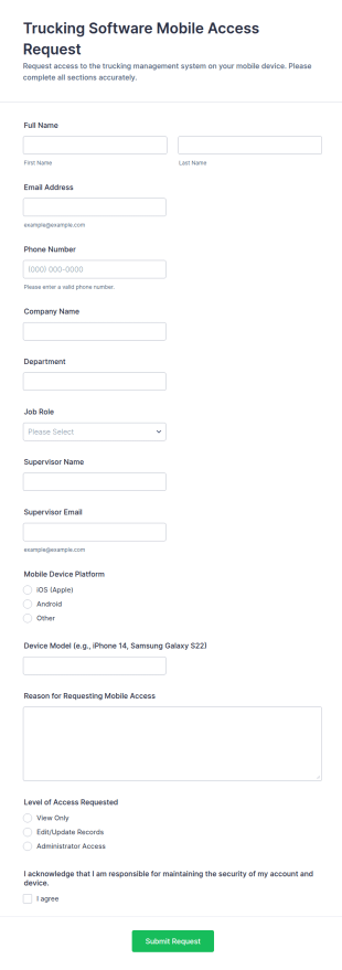 Trucking Software Mobile Access Request Form Template