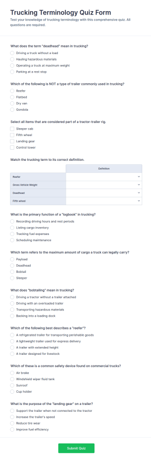 Trucking Terminology Quiz Form Template