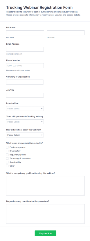 Trucking Webinar Registration Form Template