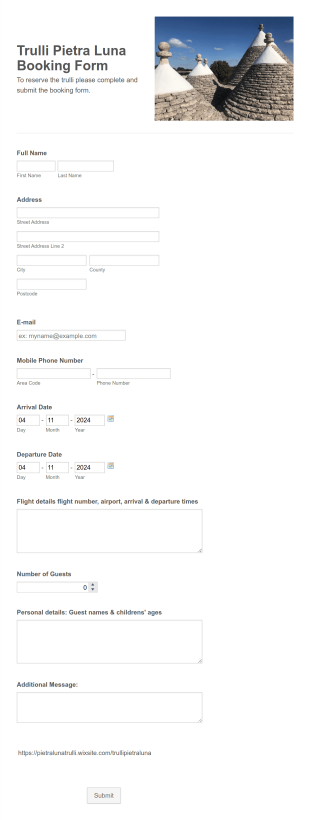 Trulli Pietra Luna Booking Form Template