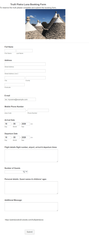 Trulli Pietra Luna Booking Form Template