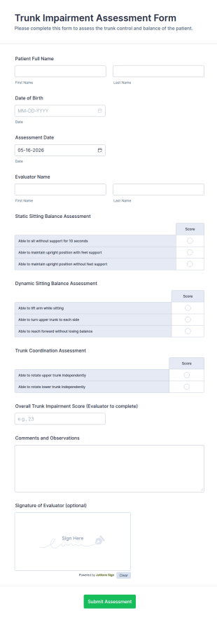 Trunk Impairment Assessment Form Template