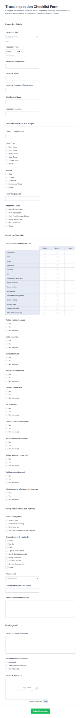 Truss Inspection Checklist Form Template