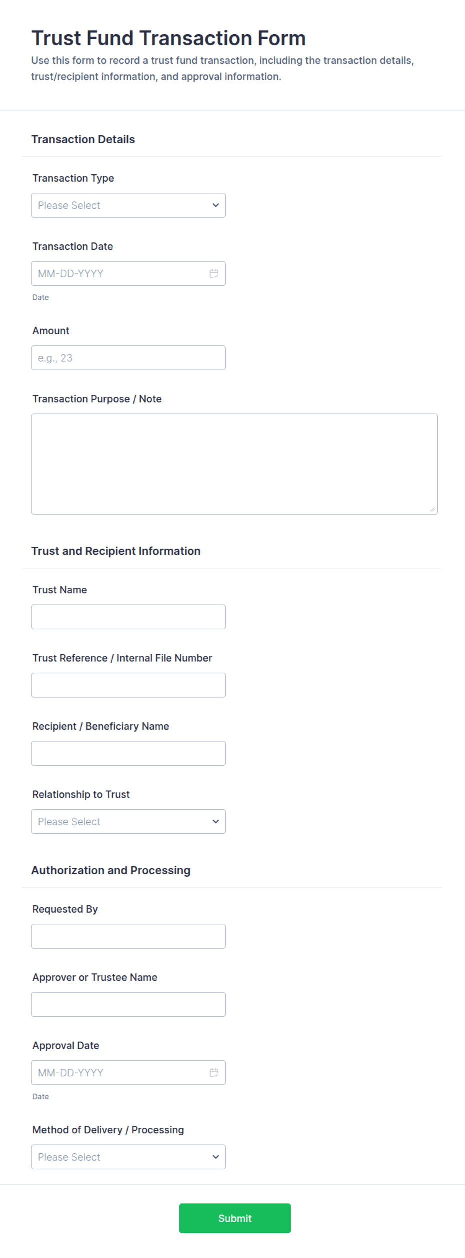 Trust Fund Transaction Form Template | Jotform