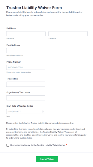 Trustee Liability Waiver Form Template