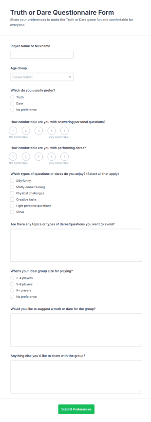 Truth Or Dare Questionnaire Form Template