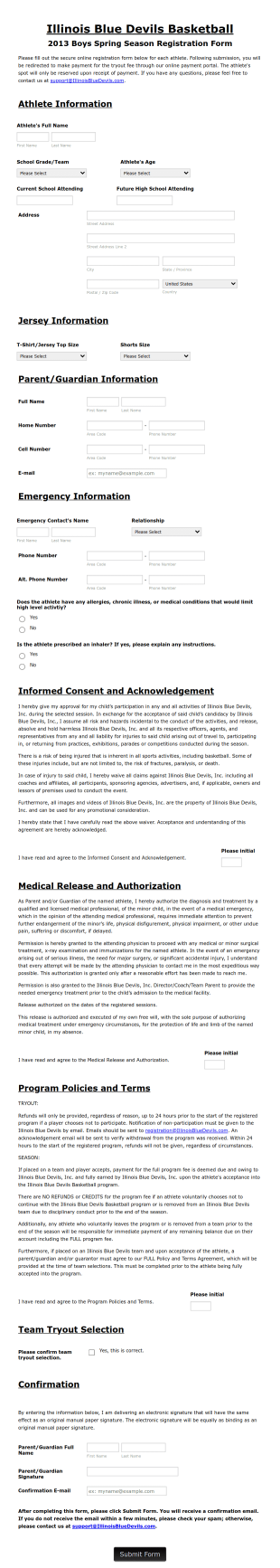 Basketball Tryout Form Template