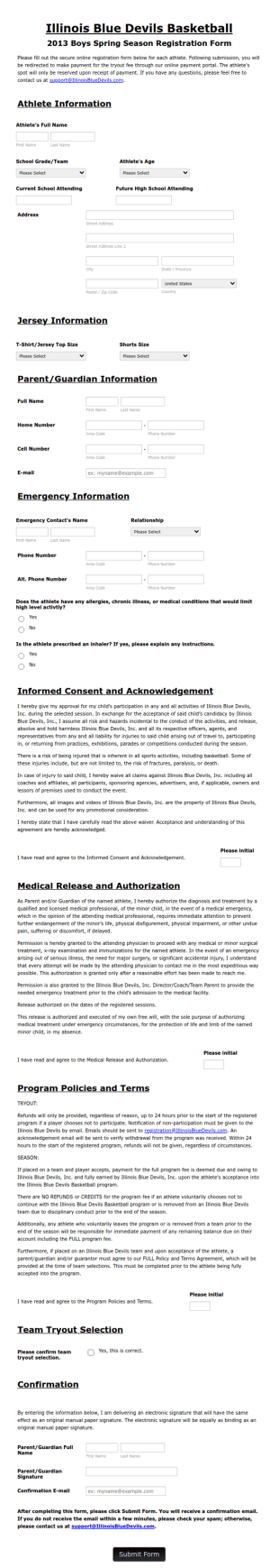 Basketball Tryout Form Template