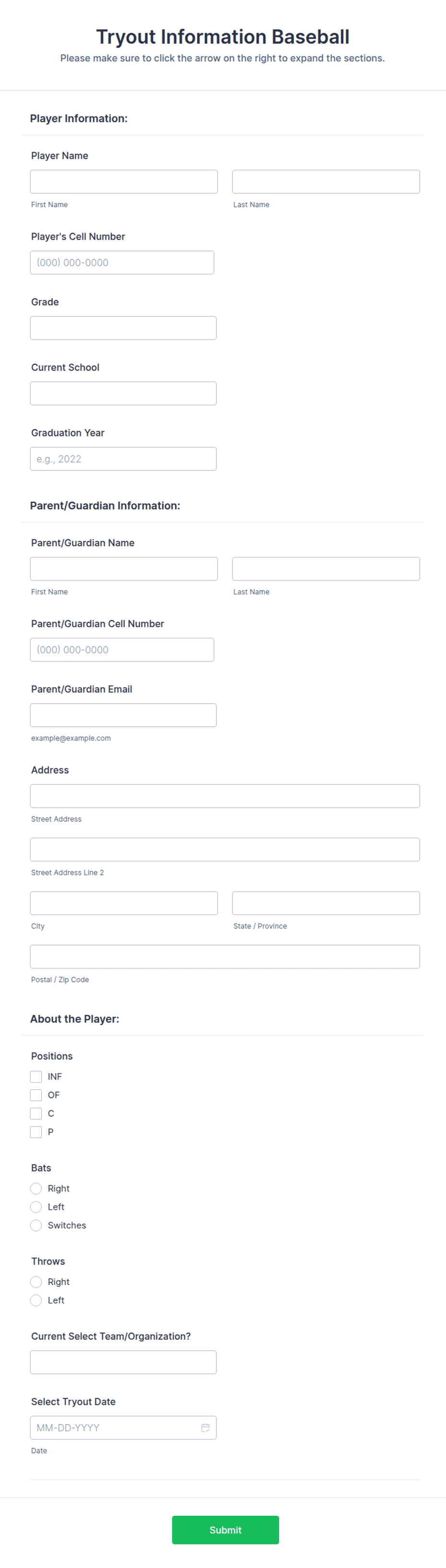 Baseball Intake Form Baseball Tryout Information Form Template | Jotform