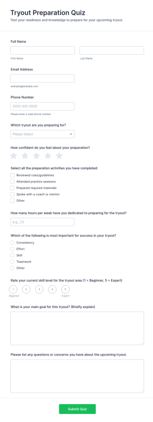 Tryout Preparation Quiz Form Template