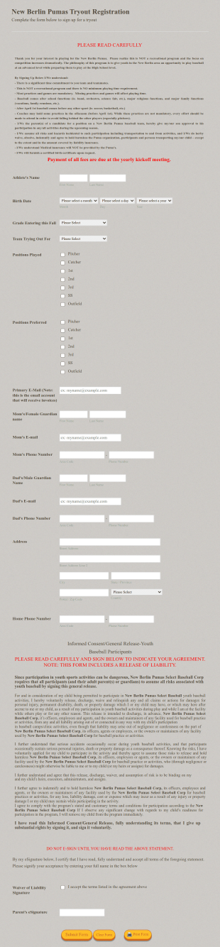 Sports Registration Form. Form Template