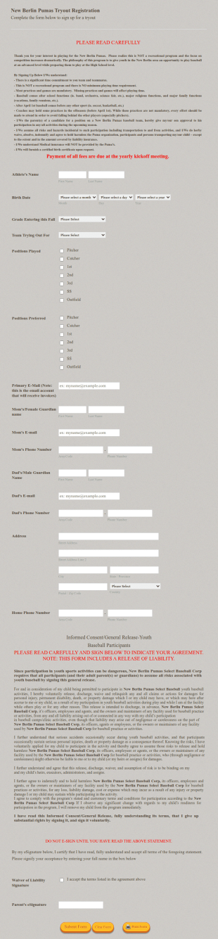 Sports Registration Form. Form Template