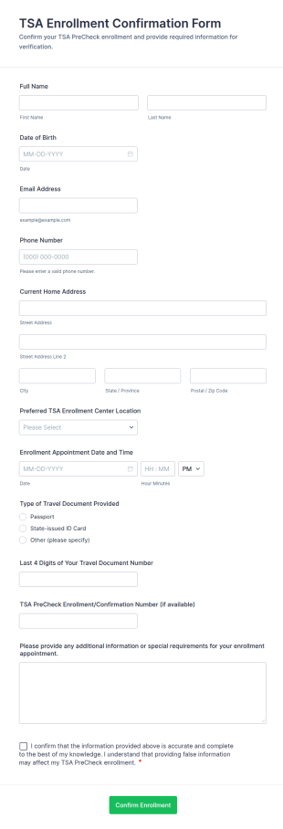 TSA Enrollment Confirmation Form Template
