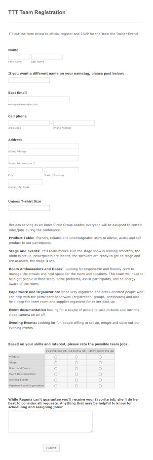 TTT Team Registration Form Template