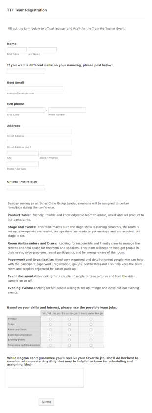 TTT Team Registration Form Template