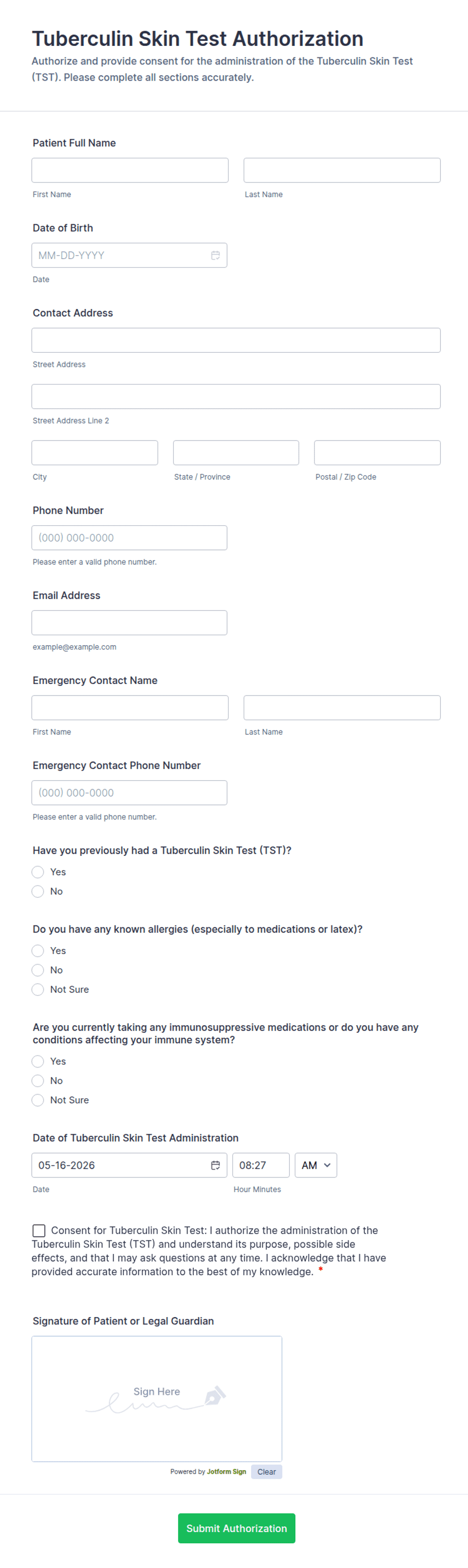 Tuberculin Skin Test Authorization Form Template | Jotform