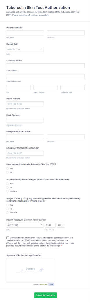 Tuberculin Skin Test Authorization Form Template