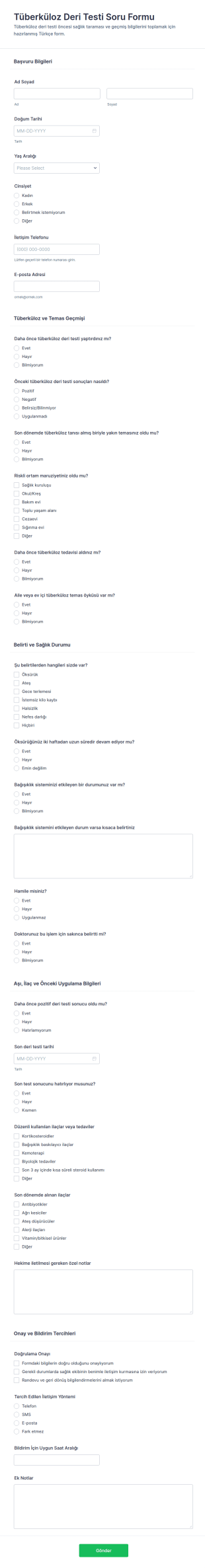 Tüberküloz Deri Testi Anketi Form Şablonu