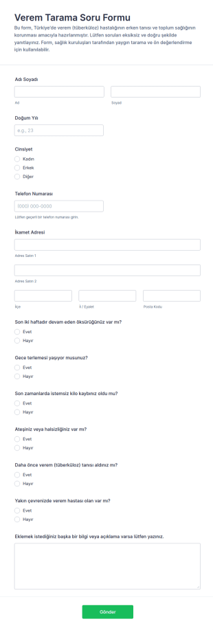 Tüberküloz Taraması Anketi Form Şablonu