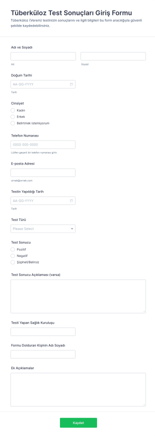 Tüberküloz Test Sonuçları Giriş Form Şablonu