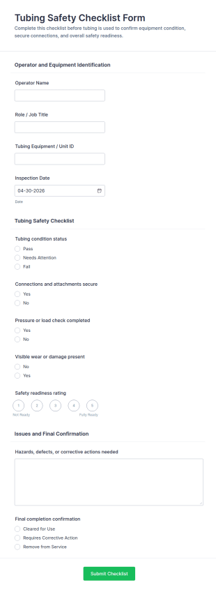 Tubing Safety Checklist Form Template
