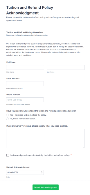 Tuition And Refund Policy Acknowledgment Form Template