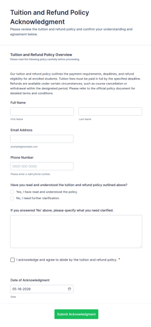 Tuition And Refund Policy Acknowledgment Form Template