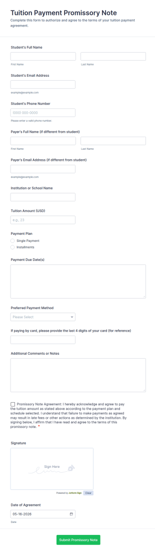 Tuition Payment Promissory Note Form Template