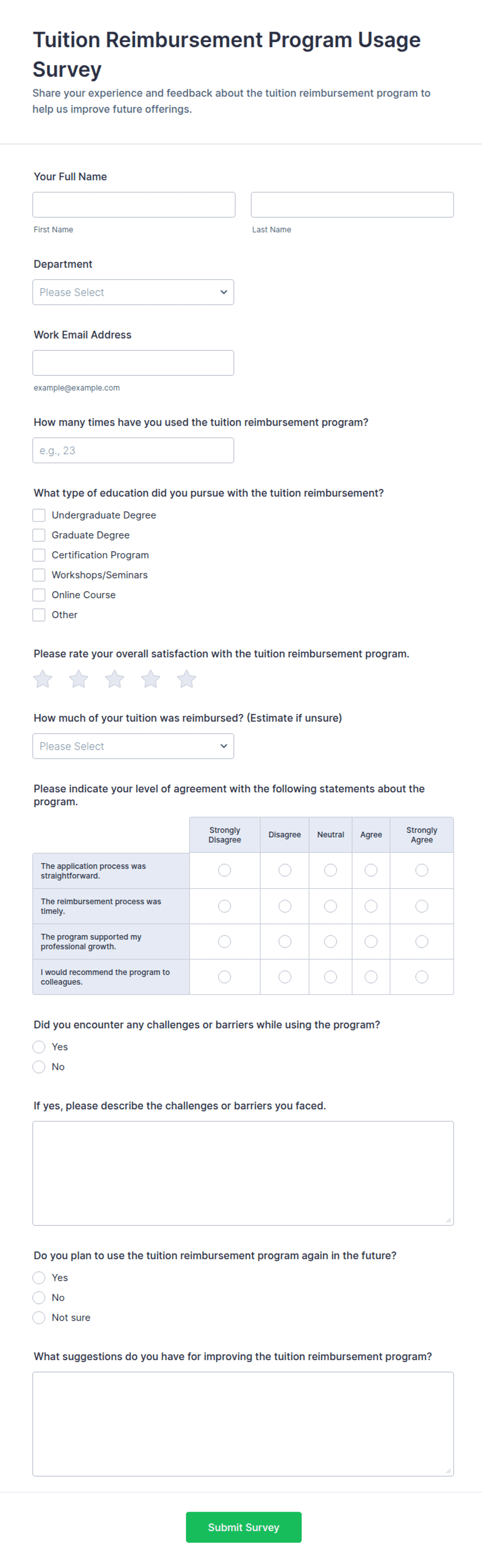 Tuition Reimbursement Program Usage Survey Form Template | Jotform