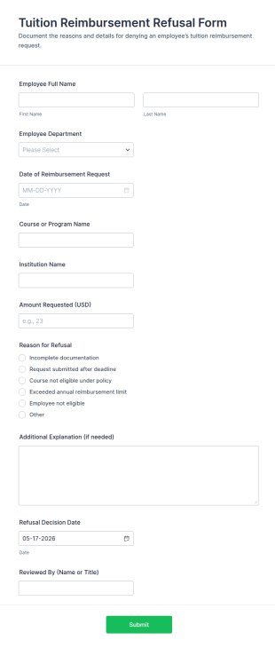 Tuition Reimbursement Refusal Form Template