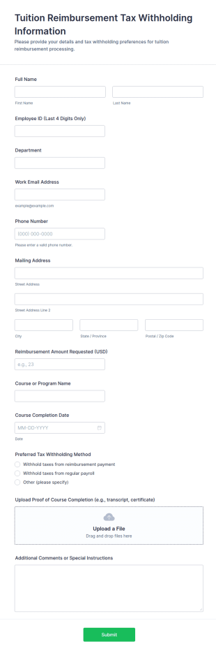 Tuition Reimbursement Tax Withholding Information Form Template