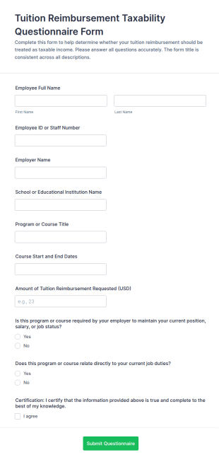 Tuition Reimbursement Taxability Questionnaire Form Template