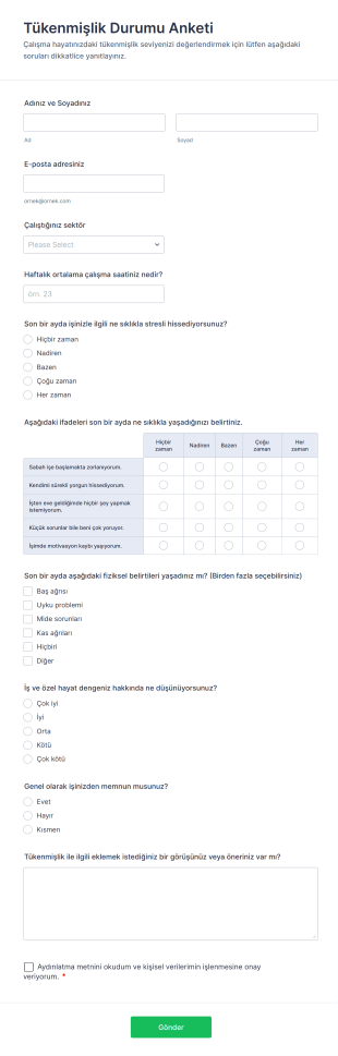 Tükenmişlik Durumu Anketi Form Şablonu