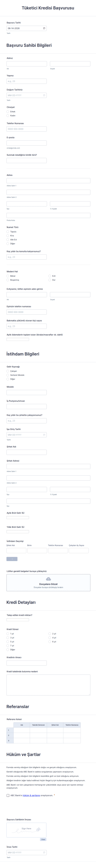 Tüketici Kredisi Başvurusu Form Şablonu
