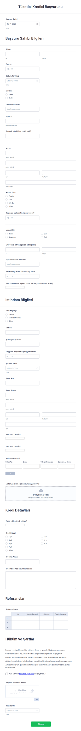 Tüketici Kredisi Başvurusu Form Şablonu