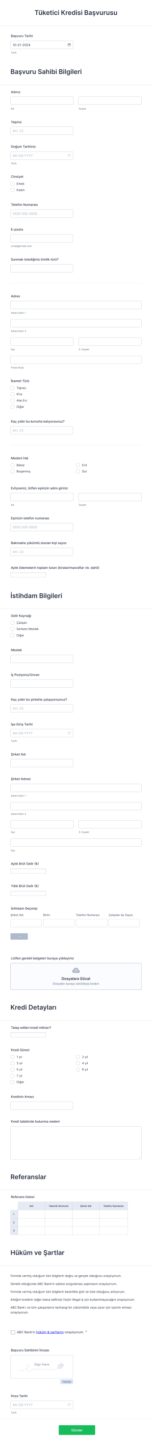 Tüketici Kredisi Başvurusu Form Şablonu