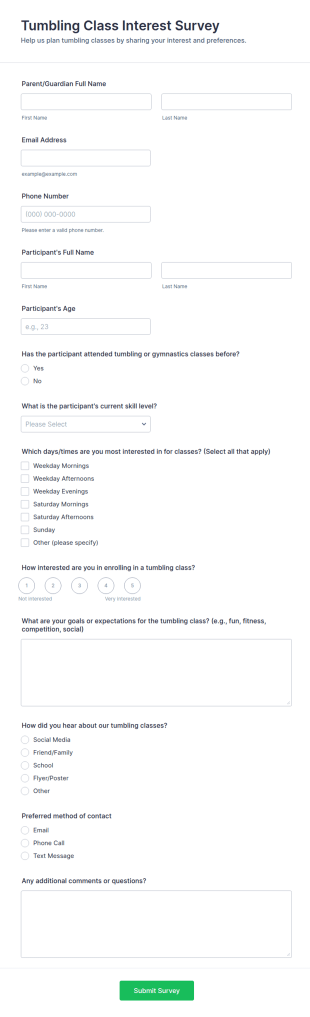 Tumbling Class Interest Survey Form Template