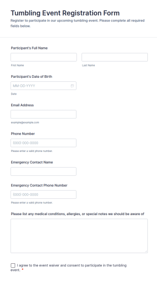 Tumbling Event Registration Form Template