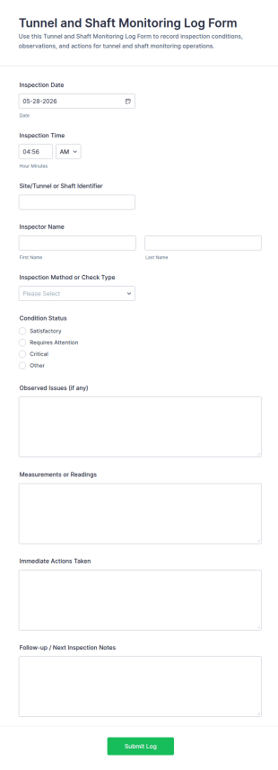 Tunnel And Shaft Monitoring Log Form Template