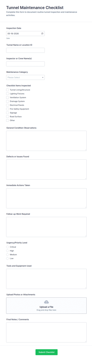Tunnel Maintenance Checklist Form Template