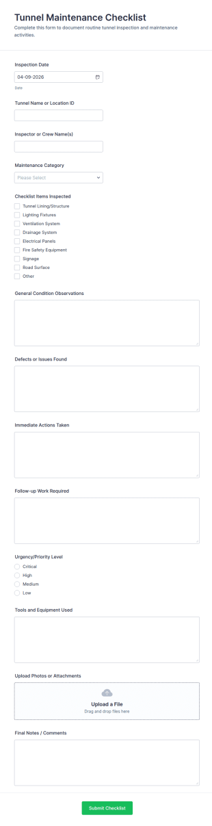 Tunnel Maintenance Checklist Form Template
