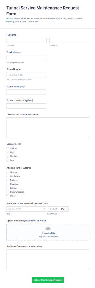 Tunnel Service Maintenance Request Form Template