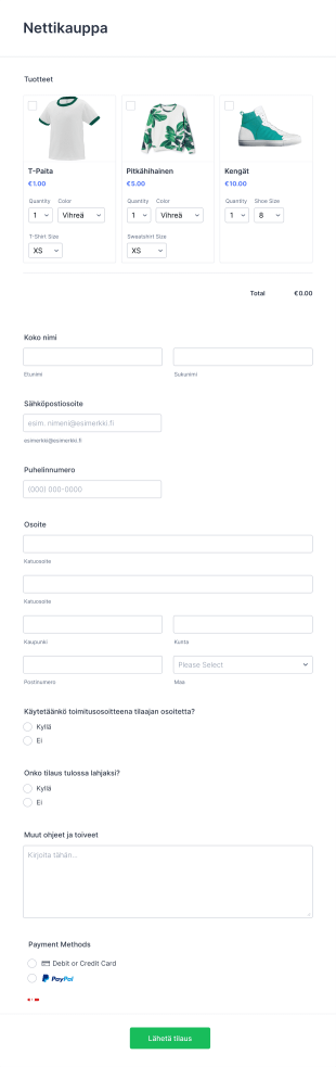 Tuotteen Tilauskaavake Form Template