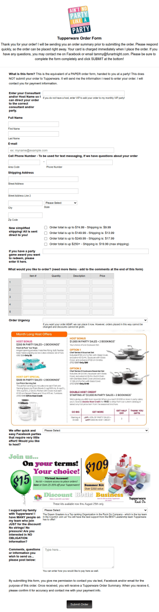 Tupperware Order Form 2022
