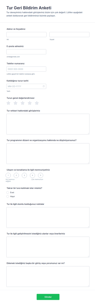 Tur Geri Bildirim Anketi Form Şablonu